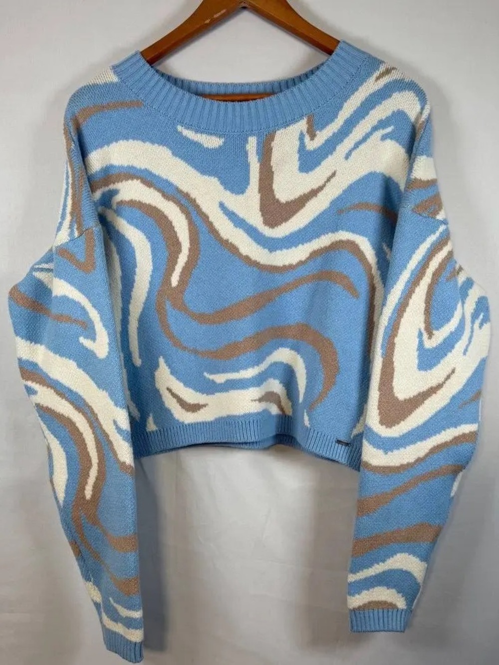 Hollister Blue, Cream & Tan Swirl Cropped Crew Sweater